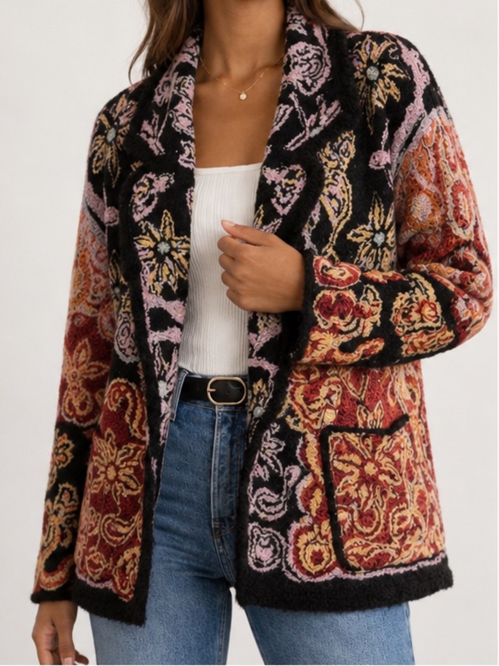 Farm Rio Sweet Mermaids Wool Blend Fringe Knit Jacket Bohemian Cardigan - Picture 10 of 10